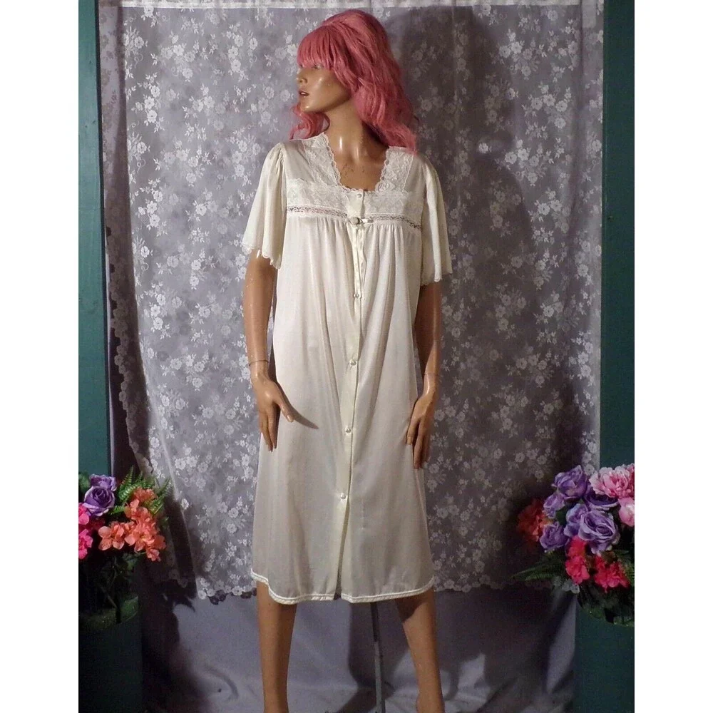 Vintage 80s Robe 1980s White Nylon Bridal Sears NWT Retro Grannycore Size Large